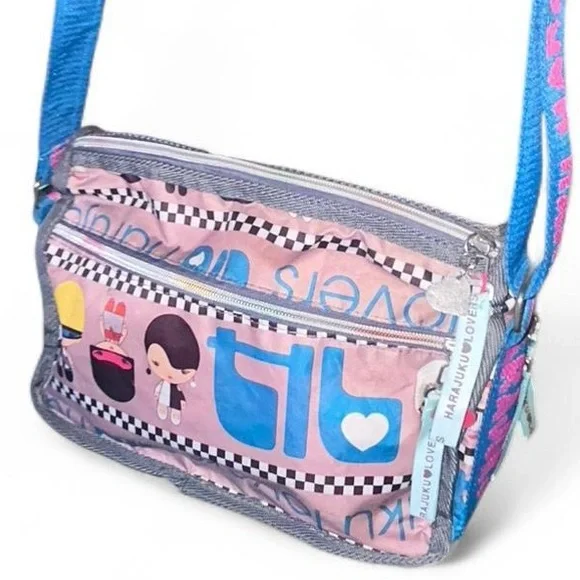 Harajuku Lovers Crossbody Bag Pink Cartoon Print Multi Pocket Y2K Kawaii - Picture 4 of 9